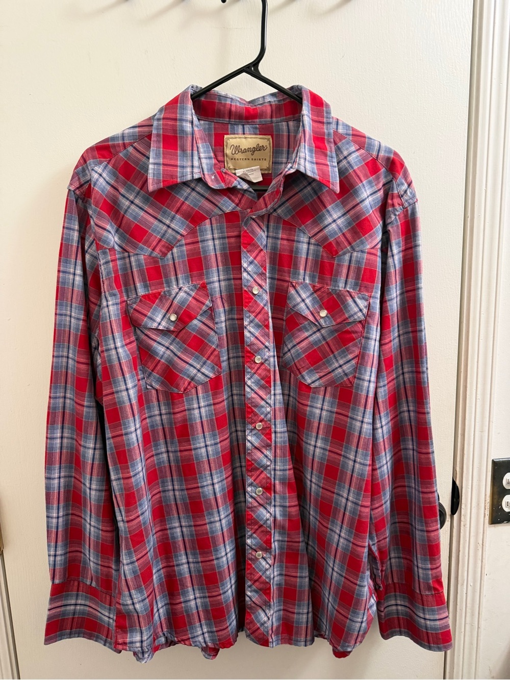 Wrangler Red and Blue Plaid Western Snap Shirt